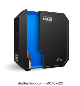 Opened Octagon Modern Black Software Package Box, Blue Inside. Mock Up, Template. Illustration Isolated On White Background. Product Advertising. Vector EPS10