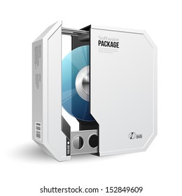 Opened Octagon Modern White Software Package Box With DVD Or CD Disk For Your Product. Vector EPS10