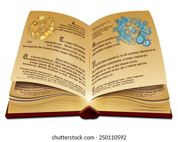 Opened old book in leather cover. Vector eps10.