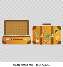 Opened old suitcase. Closed old travel suitcase. Suitcase with stickers of world sights. Travel stickers on retro luggage. 
Yellow suitcase for tourism