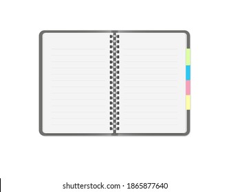 Opened organizer or diary. Vector 3d realistic. Mockup. Notepad with Striped paper and color bookmarks. Empty white lined pages on metal springs. address book. EPS10.