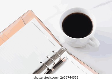 Opened Organizer with Pen and cup of Coffee on Table