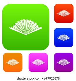 Opened oriental fan set icon in different colors isolated vector illustration. Premium collection