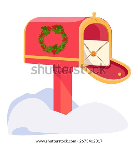 Opened outdoor Christmas mailbox with letter. Santa Claus mail. Vector illustration, flat design
