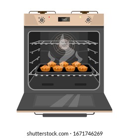 Opened oven with freshly baked cakes on the pan. Home bakery. Isolated on white. Cartoon vector illustration.