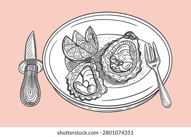 Opened oysters served with lemon wedges and an oyster knife and fork on a plate