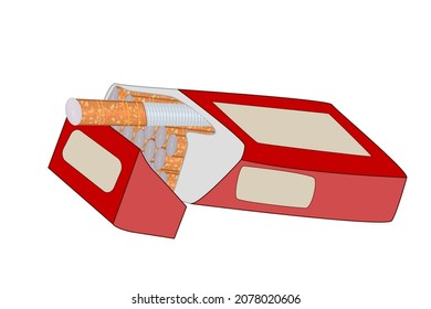 Paquete abierto de cigarrillos aislados en fondo blanco. Abre el paquete de cigarrillos. Caja de productos de tabaco rojo al estilo de las caricaturas. Dejar de fumar y el concepto de estilo de vida poco saludable. No fumar. Ilustración del vector