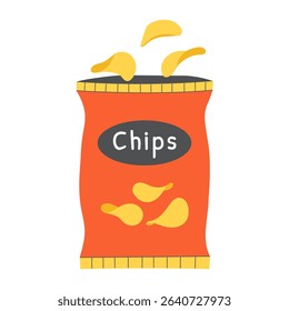 Opened package with potato chips falling out. Vector illustration.