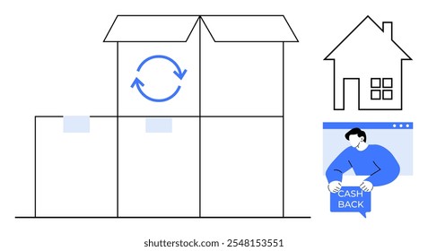 Opened package with recycling symbol, small house, man holding cash back sign within browser window. Ideal for e-commerce, home delivery, recycling, online cash back, and digital shopping. Modern