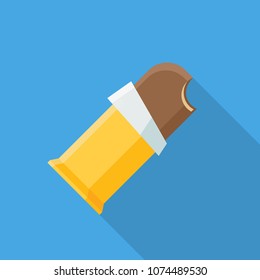 Opened Packing chocolate bar ice cream flat icon with long shadow isolated on blue background. Simple ice cream in flat style, vector illustration for web and mobile design. Sweets vector sign symbol.