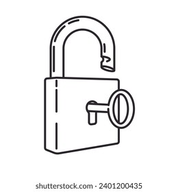 Opened padlock with key vector line icon for Freedom of Information Day on March 16