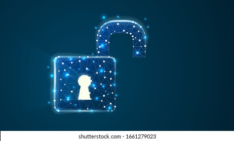 Opened padlock with long light shadow from the keyhole. Vector illustration consisting of points, lines, and shapes in the form of planets, stars, and the universe. Data security concept