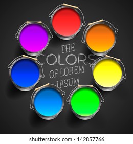 Opened paint buckets with multicolored paint on black background, vector illustration.