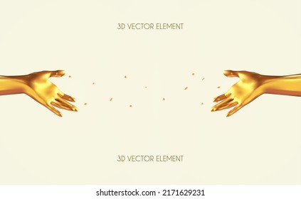 Opened palm. Simple showcase. 3D gold human hand gesture. Realistic metal render