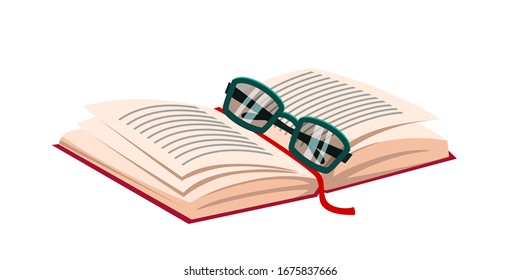 Libro de papel abierto con marcador y gafas. Literatura y sabiduría. Conocimientos y educación. Escribiendo información. Ciencia y cultura. Objeto Library aislado en fondo blanco. Ilustración del vector