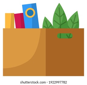 Offener Papierbehälter für die Lagerung mit Büchern und Pflanzen. Karton, braune Box, Lieferung und Verpackung von Waren für den bequemen Transport. Versandkarton einzeln auf Vektorgrafik