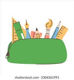 Opened pencil case vector isolated. Illustration of different school supplies. Pen, ruler, pencil and painting brush. Back to school, september 1. Concept of education.