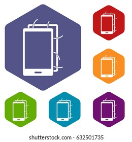 Opened phone icons set hexagon isolated vector illustration