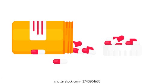 Opened pill bottle with capsules or tablets flat style design vector illustration. Medical container jar bottle for pills and medicine treatment isolated on white background.