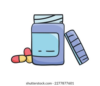 Opened pill bottle container with two capsules and cap colored doodle vector illustration. Isolated on white background