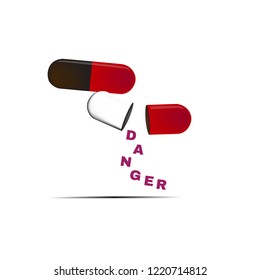 Opened pill capsule  with danger words inside  , vector illustration.