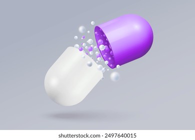 Cápsula de píldora abierta con Pequeñas moléculas redondeadas que caen. Píldora de medicina realista partida a la mitad. Estilo 3D. Ilustración vectorial.