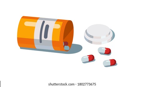 Opened pill drug bottle with some pills capsules laying down. Prescription medicine container. Flat vector object illustration 