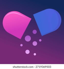 Pillensymbol geöffnet. Vektorgrafik einer Kapsel. Konzept der Apotheke und Medizin. Rezept für ein Medikament. Kapsel zur Behandlung von Krankheiten. Dosis eines Schmerzmittels.
