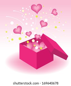 Opened pink box with flying hearts and confetti. Composition for Valentine's Day greetings. Vector elements are grouped. 