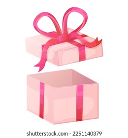 Opened pink box with red ribbon bow. Valentine day, Christmas, Happy birthday concept. Illustration isolated on white background in realistic cartoon style.