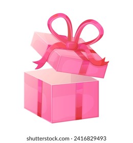 Opened pink box with red ribbon bow. Valentine day, Christmas, Happy birthday concept. Illustration isolated on white background in realistic cartoon style.