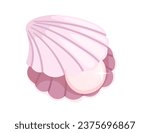 Opened pink clam with pearl inside seashell vector illustration isolated on white background