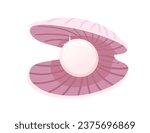 Opened pink clam with pearl inside seashell vector illustration isolated on white background