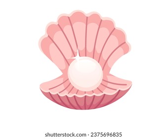 Opened pink clam with pearl inside seashell vector illustration isolated on white background