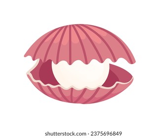 Opened pink clam with pearl inside seashell vector illustration isolated on white background