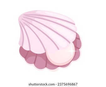 Opened pink clam with pearl inside seashell vector illustration isolated on white background