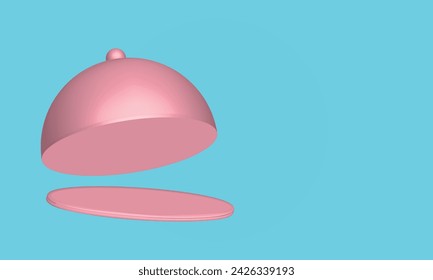 Opened pink cloche on blue background. Minimalist 3D illustration of platform for product reveal or advertising with space for text.