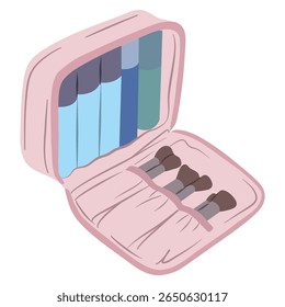 Opened pink cosmetic bag displaying makeup brushes and supplies organized inside, perfect for beauty and personal care content.