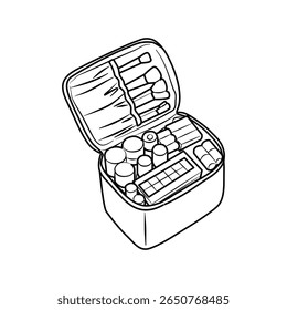 Opened pink cosmetic bag displaying makeup brushes and supplies organized inside, perfect for beauty and personal care content.