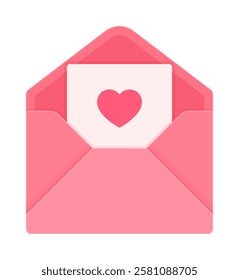 Opened pink envelope with heart symbol and love letter inside. Valentine's Day, affection, romance, romantic message concept. Flat vector illustration isolated on white background