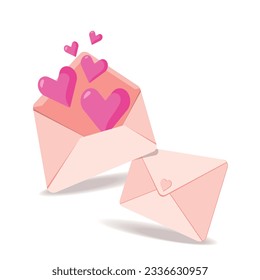 Opened Pink Envelope with Hearts that elevating over envelope. Invitation or Message letter concept. St. Valentine day banner design element. 