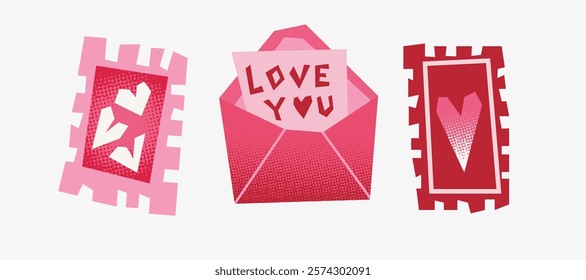 Opened Pink  Envelope with Paper Sheet Inside with the Love letter. Icon Set Close up Isolated and postage stamps with the halftone effect. 