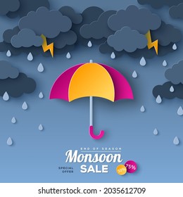 Opened Pink And Yellow Umbrella In Paper Cut Style. Vector Illustration. Overcast Sky, Thunder And Lightning. Rainy Day Monsoon Sale Offer Banner Template Concept With Dark Clouds. Place For Text.