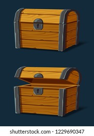 Opened Pirate Chest And Closed Wooden Crate, Set Of Isolated Isometric Dower For Gold And Treasure, Container For Packaging Or Box For Locking Luggage, Trunk For Sea, Ocean Piratic Game