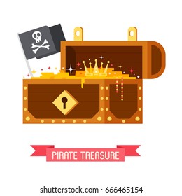 Opened pirate treasure chest with Jolly Roger flag with skull and crossbones. Gold box full of coins vector illustration.