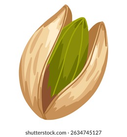 Opened pistachio nut with shell and green kernel. Vector cartoon hand drawn food element. For snack packaging, nutrition visuals, menu graphics, apps, branding, stickers