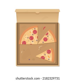 Opened pizza cardboard box with realistic pizza slices. Pizza leftovers after eating. Slices pizza with salami, mushrooms and olives with cheese. Vector pizzabox with spots and food leftovers.