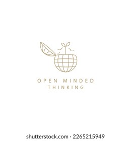 Planeta abierto con hoja de planta de crecimiento y aves de libertad, pensamiento abierto logo conceptual ilustración vectorial