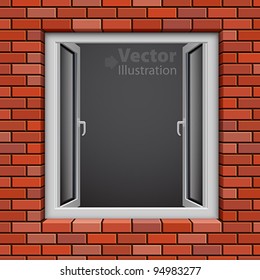 Opened plastic window in red brick wall. Vector illustration.