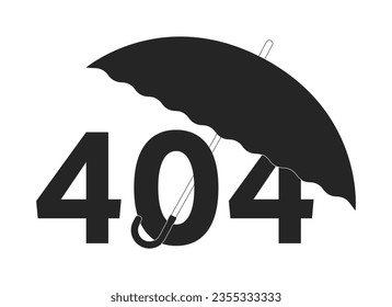 Opened portable umbrella black white error 404 flash message. Monochrome empty state ui design. Page not found popup cartoon image. Vector flat outline illustration concept